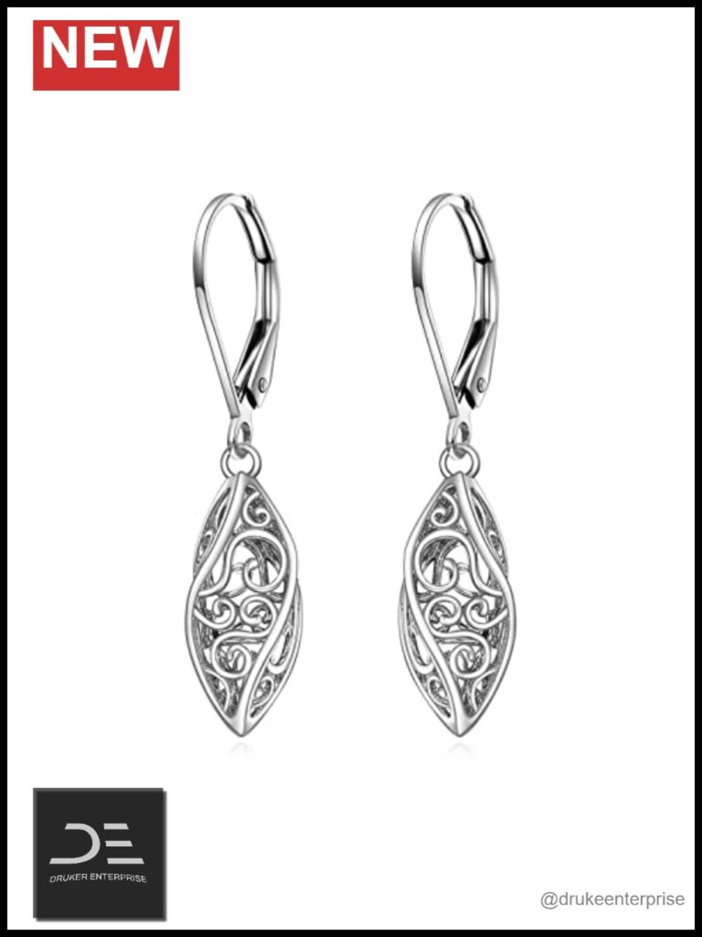 925 Sterling Silver Leverback Earrings Vintage Filigree Dangle Drop